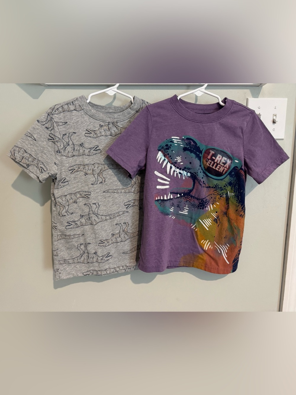 Boys 5/Small Carter's Purple Tee w/ Colorful T‑Rex Graphic & Gray Dino Print Tee